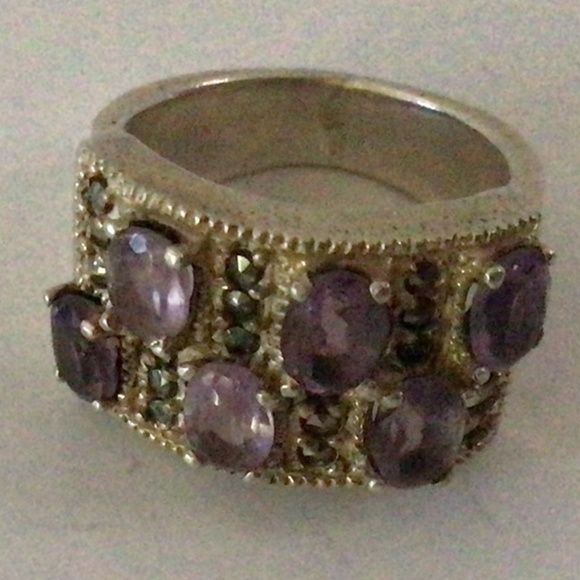 Sterling Amethyst and Marcasite Wide Ring Sz 6 - Picture 1 of 3